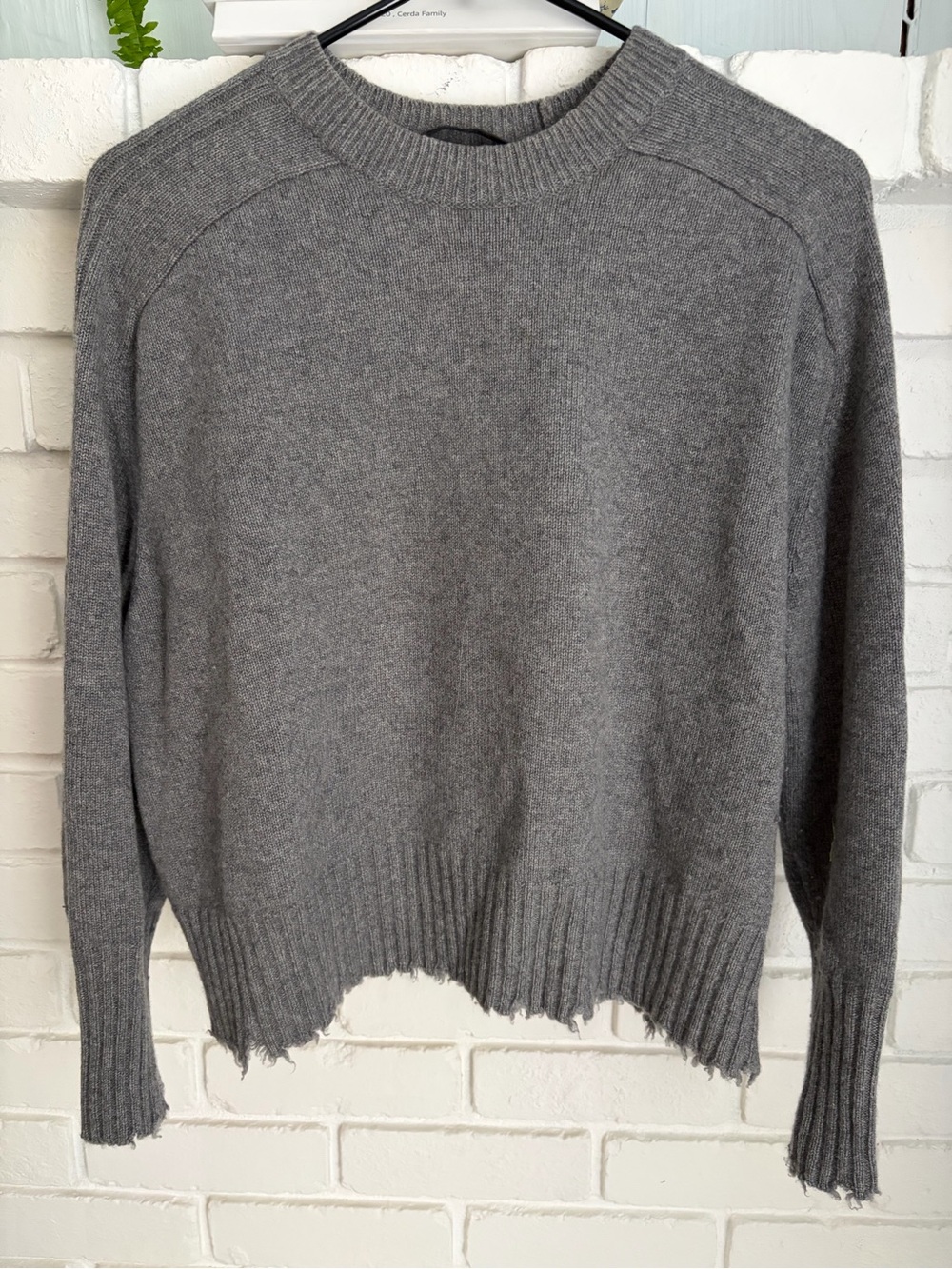 All Saints Gray Crewneck Sweater with Distressed Hem